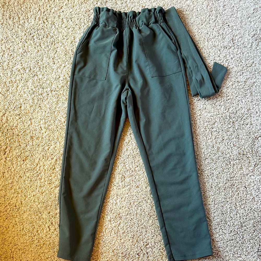 Green High-Waisted Pants with Tie Belt